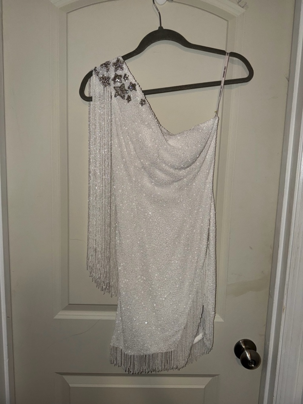 Sherri Hill One-Shoulder White Sequin Fringe Pageant Cocktail Formal Prom Dress